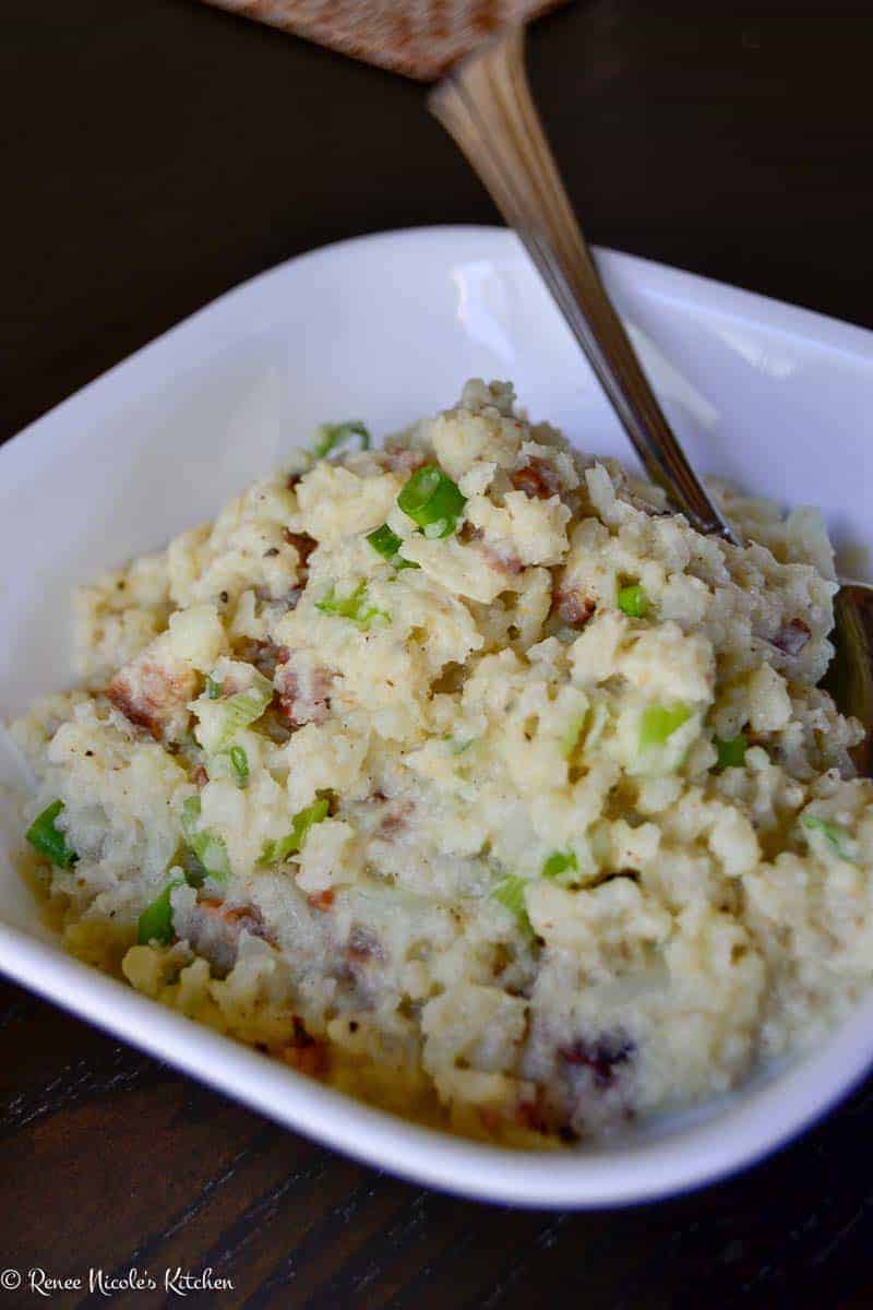 Cauliflower Mash: With cheddar cheese, bacon, and green onions this loaded cauliflower mash is low-carb friendly without sacrificing any of the taste. Make enough for seconds!