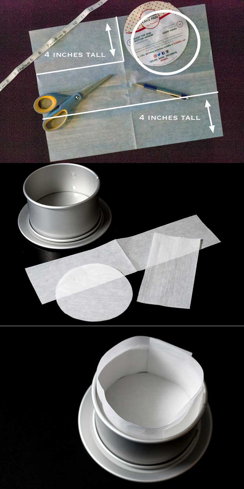 Three stacked images to show how line a springform pan with parchment paper.