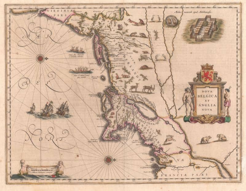 A map of New Netherlands and New England created by Dutch cartographer Willem Blaeu has a west orientation, 1635.