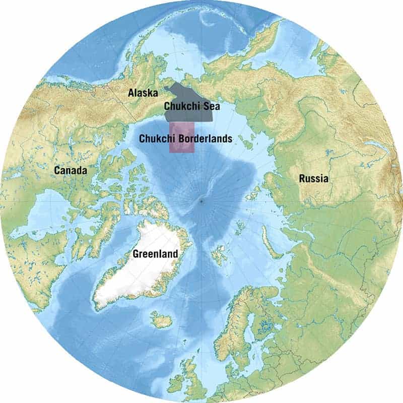 This map of the Arctic Ocean highlights both the Chukchi Sea and the study region for this expedition, the Chukchi Borderlands. Wikipedia, edited by Caitlin Bailey, NOAA