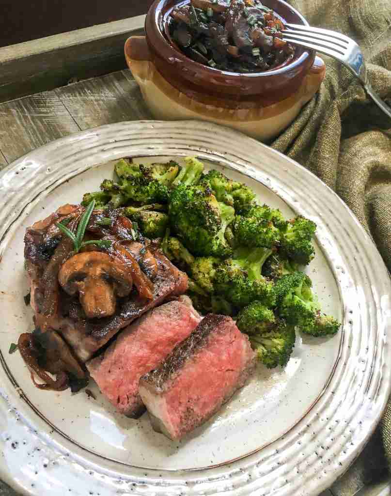 Sous Vide Strip Steak with Caramelized Onions & Mushrooms