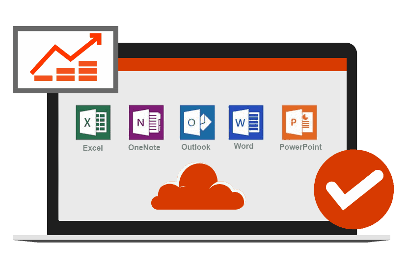 Office 365 Beratung - Ihre professionelle Beratung rund um Microsoft Office Ein Laptop, auf dem Laptop werde die Office Anwendungen und eine Wolke in Orange angezeigt. Unten rechts ist ein Haken in Orange und oben links ist eine Statistik.