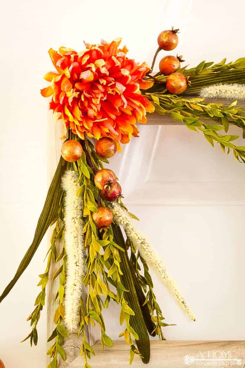 close up of the flower on square fall pool noodle wreath