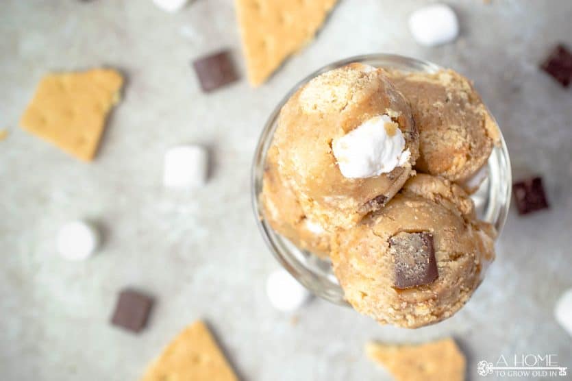 edible s'mores cookie dough in a glass dish