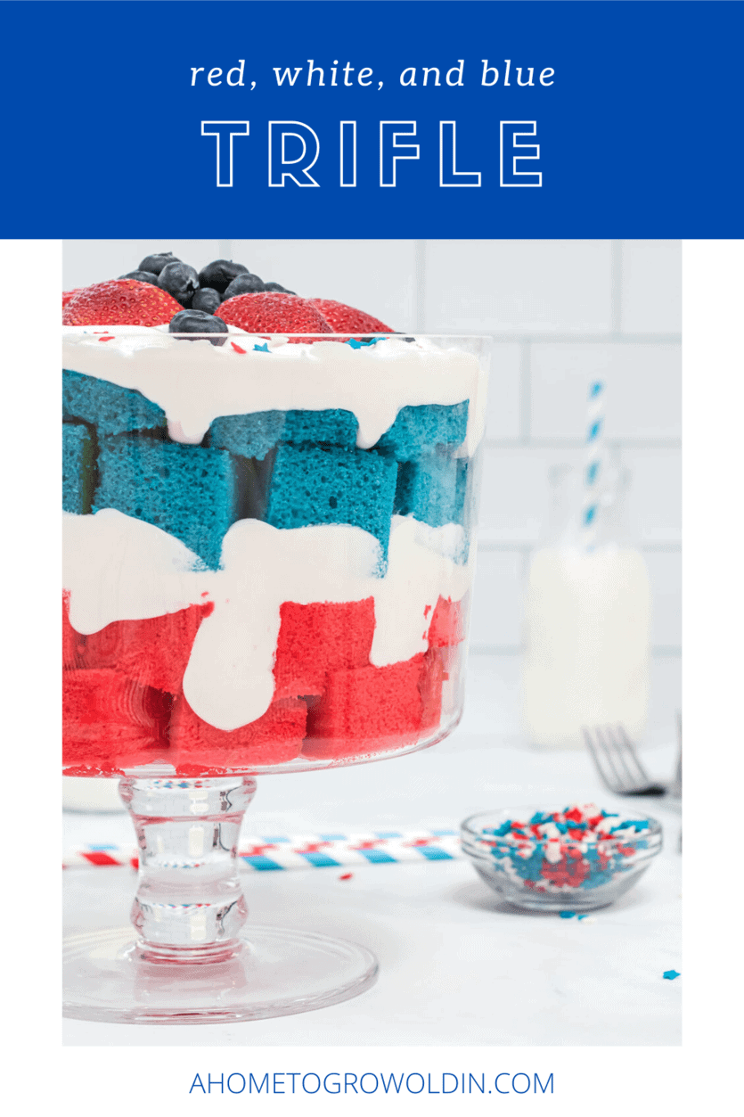 This patriotic trifle dish is such an easy dessert for a crowd, but looks like you spent all day making it! It's perfect for your next 4th of July or Memorial Day party, BBQ cookout, or any red, white, and blue affair over the summer.