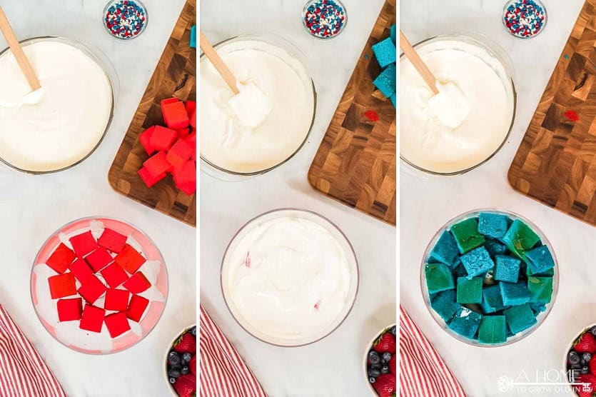 steps showing how to layer a red white and blue trifle dessert
