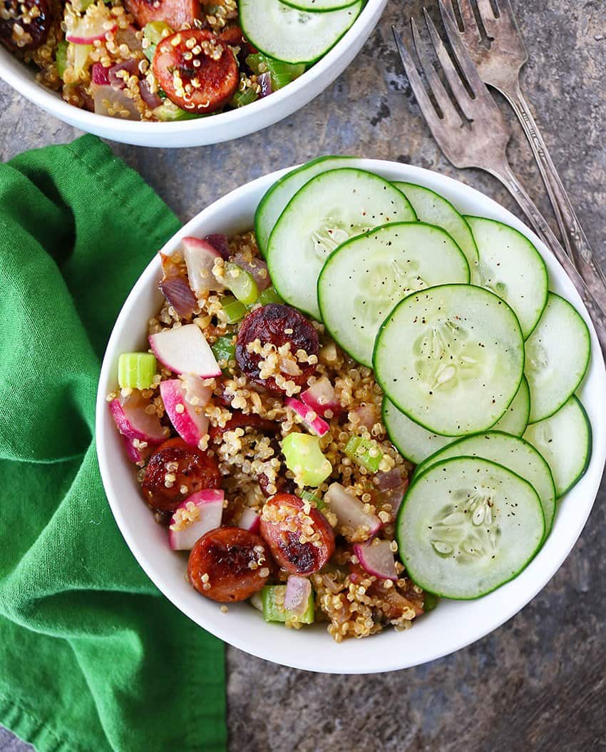 Easy Radish Sausage Quinoa Salad - Rebel Without a cookbook
