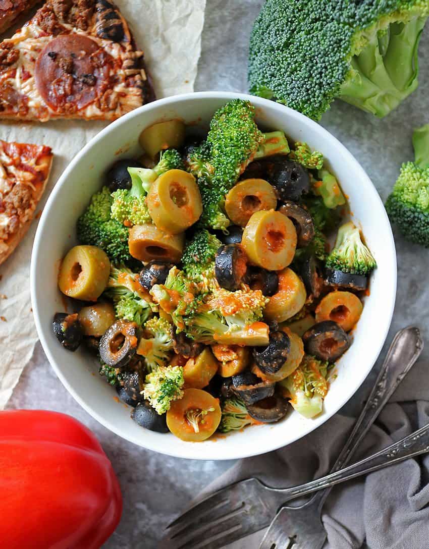 Broccoli Olive Salad with Roasted Red Pepper Dressing