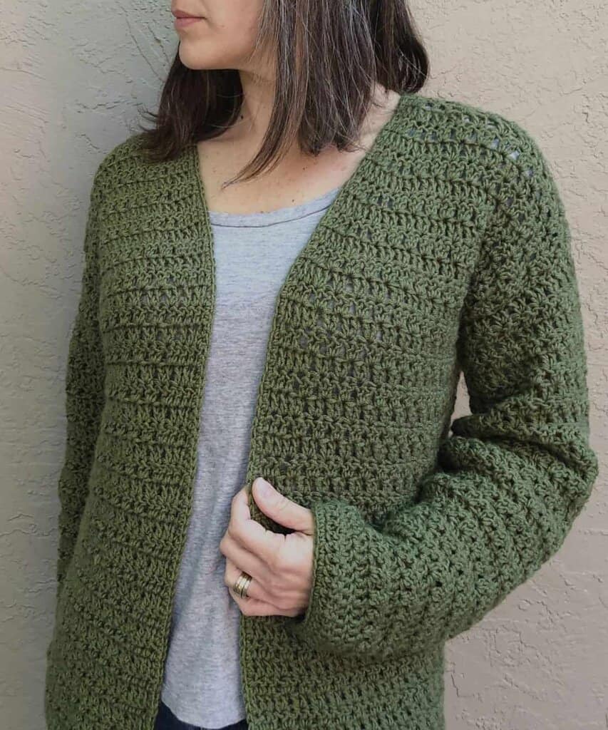 Picture of woman in green crochet cardigan