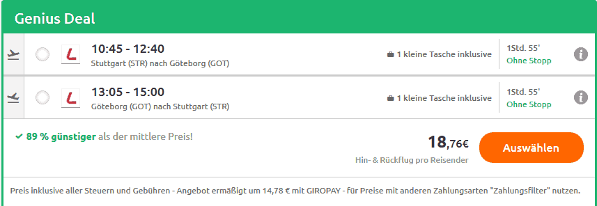 Screenshot Deal Göteborg Flug nur 18,76€ Hin- & Rückflug nach Schweden Screenshot Deal Göteborg Flug nur 18,76€ Hin- & Rückflug nach Schweden