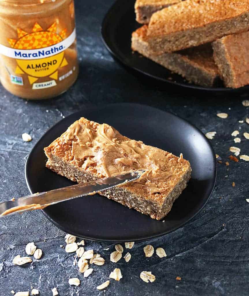 Gluten Free Almond Date Bars slathered with MaraNatha Almond Butter
