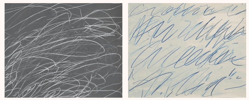 Cy Twombly, Untitled, 1969 and Untitled, 1970. © Cy Twombly Foundation. Courtesy Gagosian