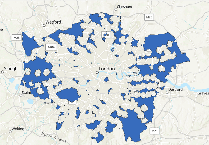 Map of the areas of London that fall outside of different walking catchment areas.