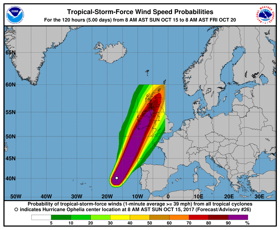 Map: Wind speed probabilities for Ophelia, National Hurricane Service