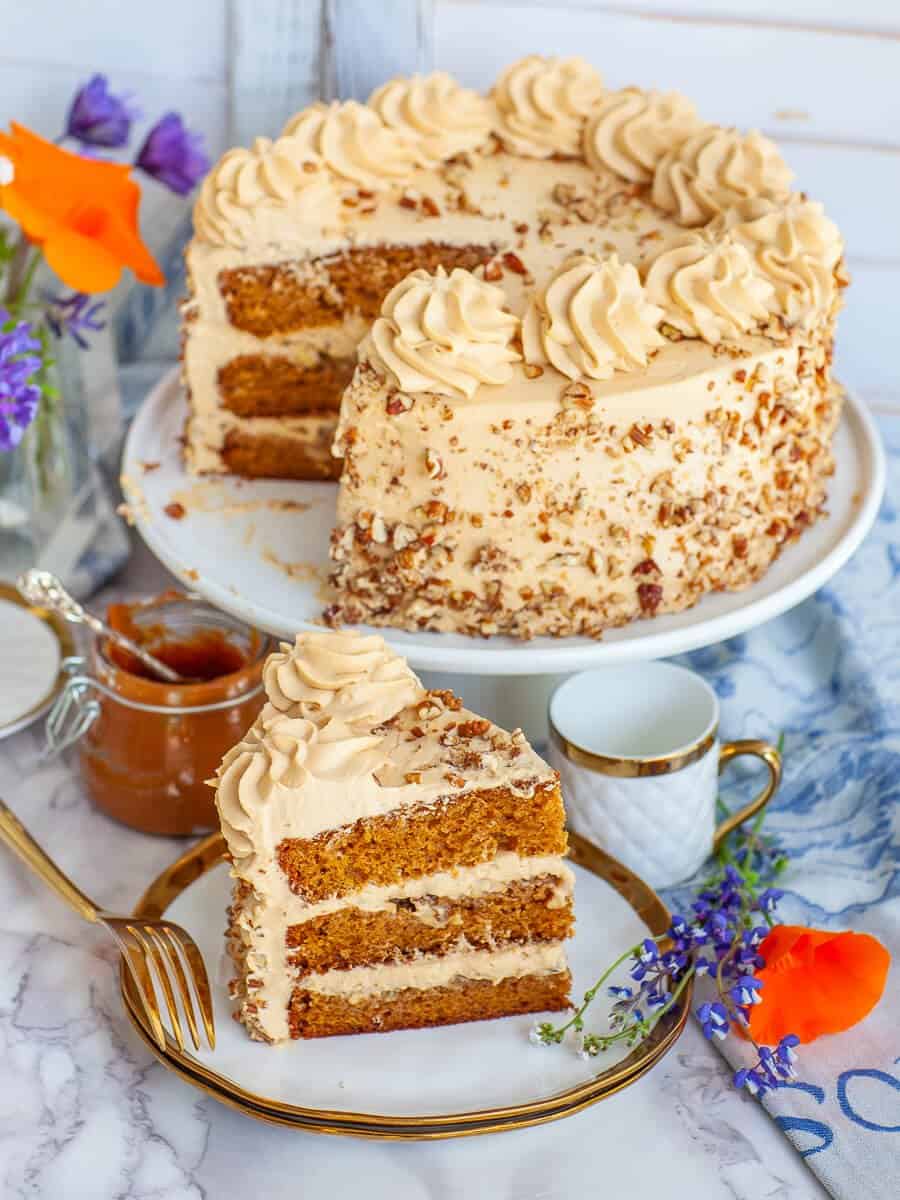 Russian Golden Key Cake with diced pecans, caramel cake and frosting