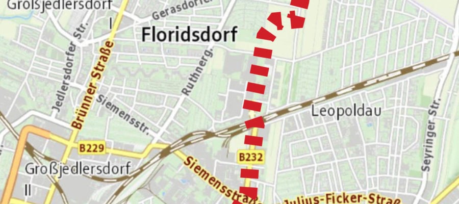 Die KArte zeigt den Verlauf der geplanten B232 von der Stammersdorfer Straße bis ins Donaufeld an.