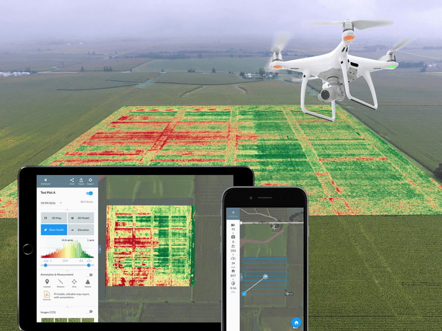 Drone can be deployed to rapidly acquire geospatial data about the health of agricultural fiels. Image: DroneDeploy