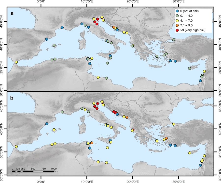 Flood risk index at each World Heritage site under current and future conditions. a In 2000 and b in 2100 under the high-end sea-level rise scenario. Figure: Reimann et al., 2018