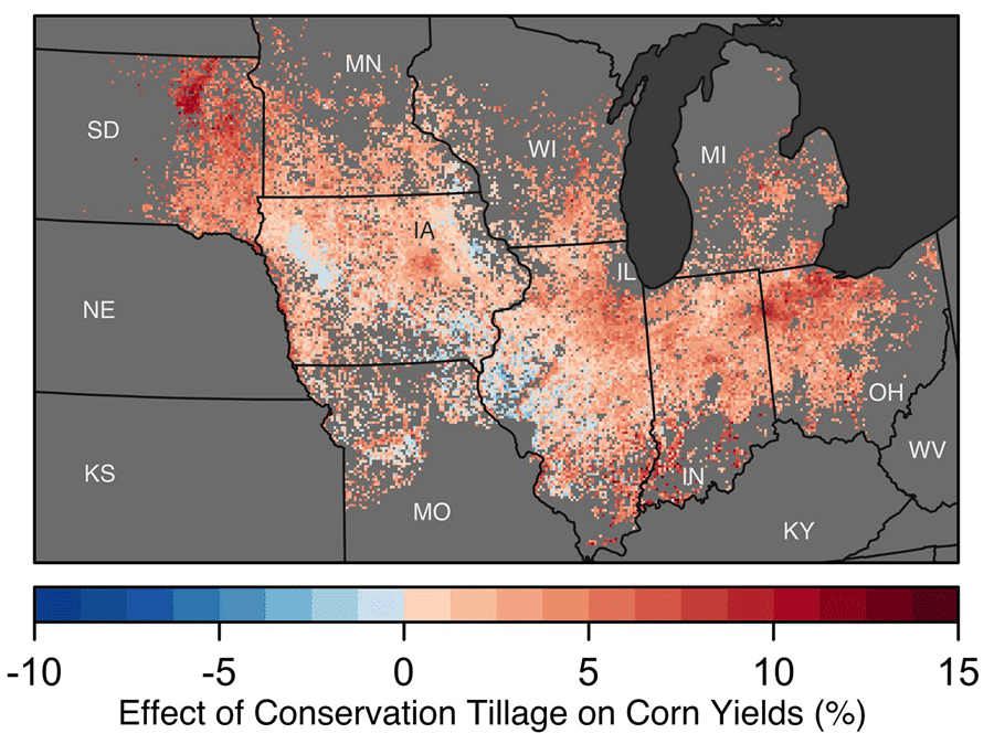 Map showing the impact of conservation tillage on corn production across the US Corn Belt. Source: Deines, Wang, & Lobell, 2019
