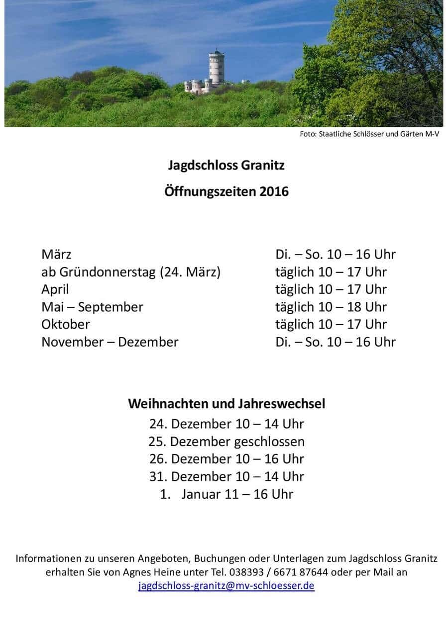 Opening hours 2016 Jagdschloss Granitz BINZ