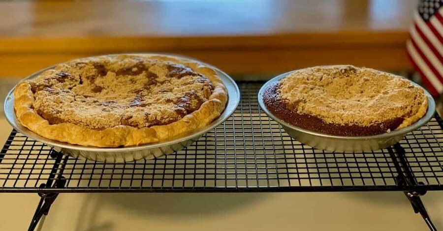 regular size and mini Shoofly pies on a cooling rack