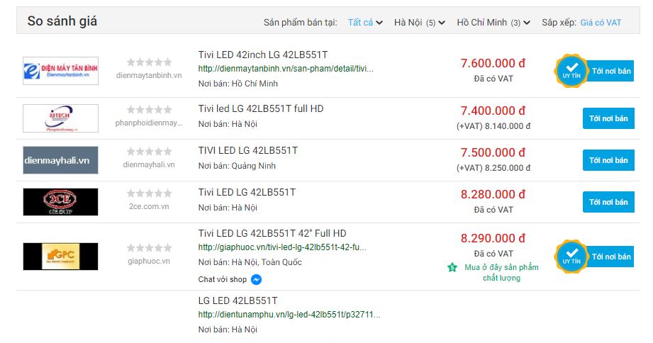 Bảng so sánh giá Websosanh
