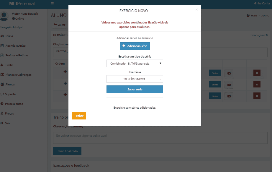 Adicionando os exercícios na série combinada - MFIT Personal