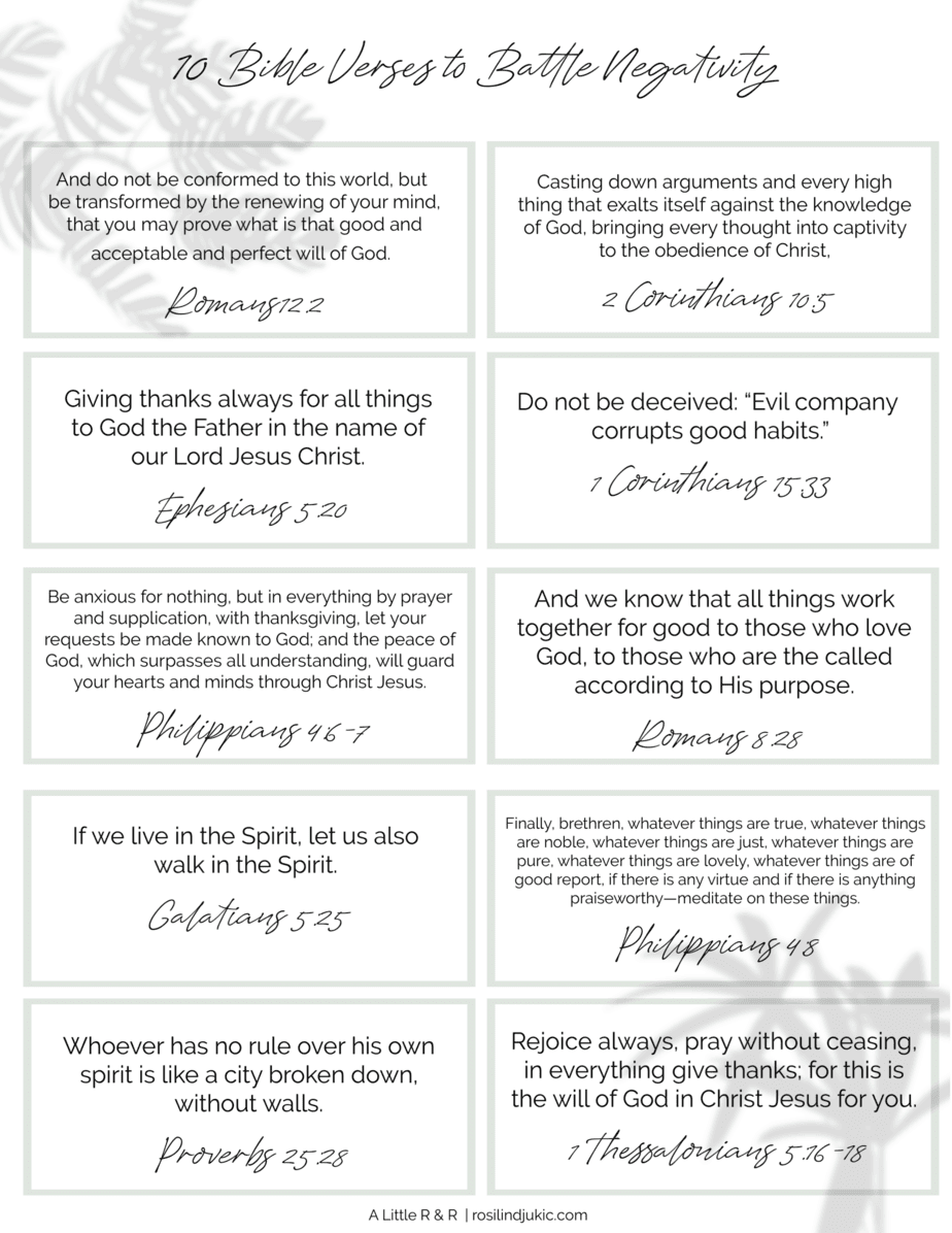 Begin renewing your mind and taking every thought captive to the knowledge of Jesus Christ with these 10 Bible verses to battle negativity. #alittlerandr #Bibleverses #Bible #JesusChrist #onlineBiblestudy