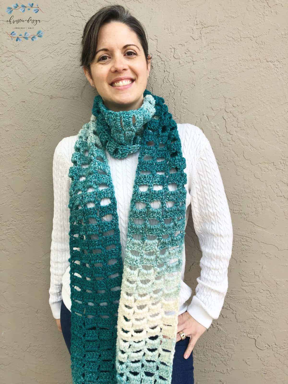 picture of woman in teal to cream scarfie yarn easy crochet scarf one skein