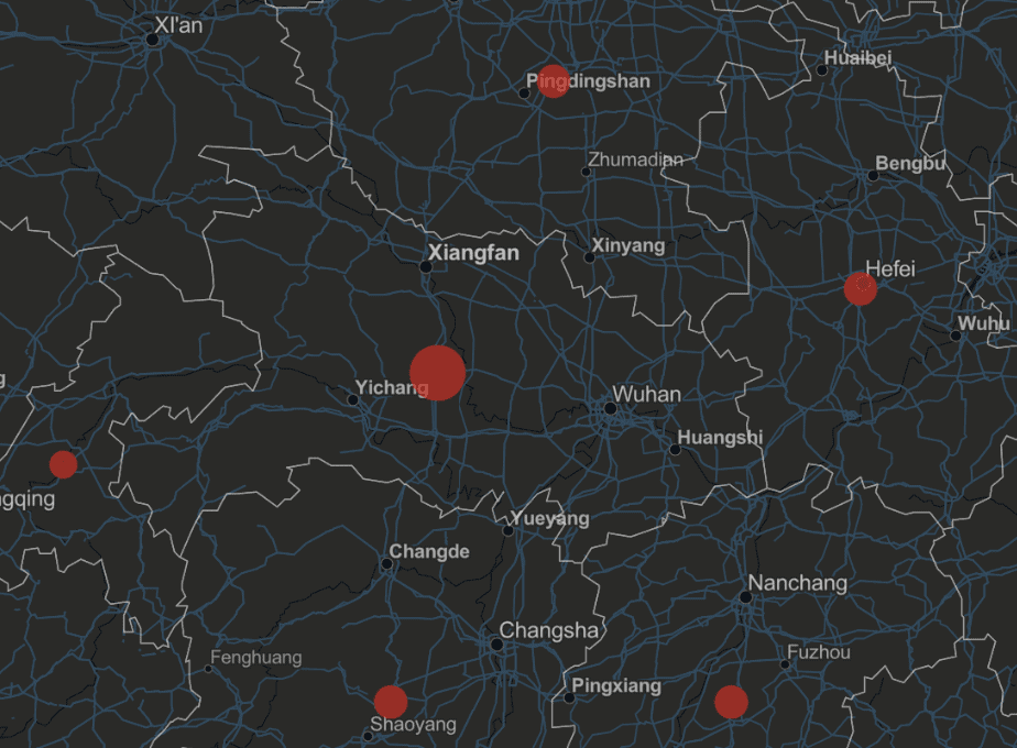 Zoomed in detail showing how province-level reported coronavirus cases are symbolized. Take March 23, 2020, 8:25am PT.