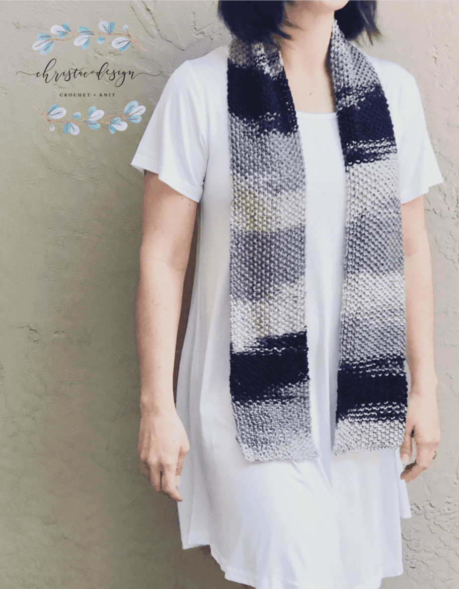 picture of woman in white wearing grey black ombre skinny texture scarf knitting pattern