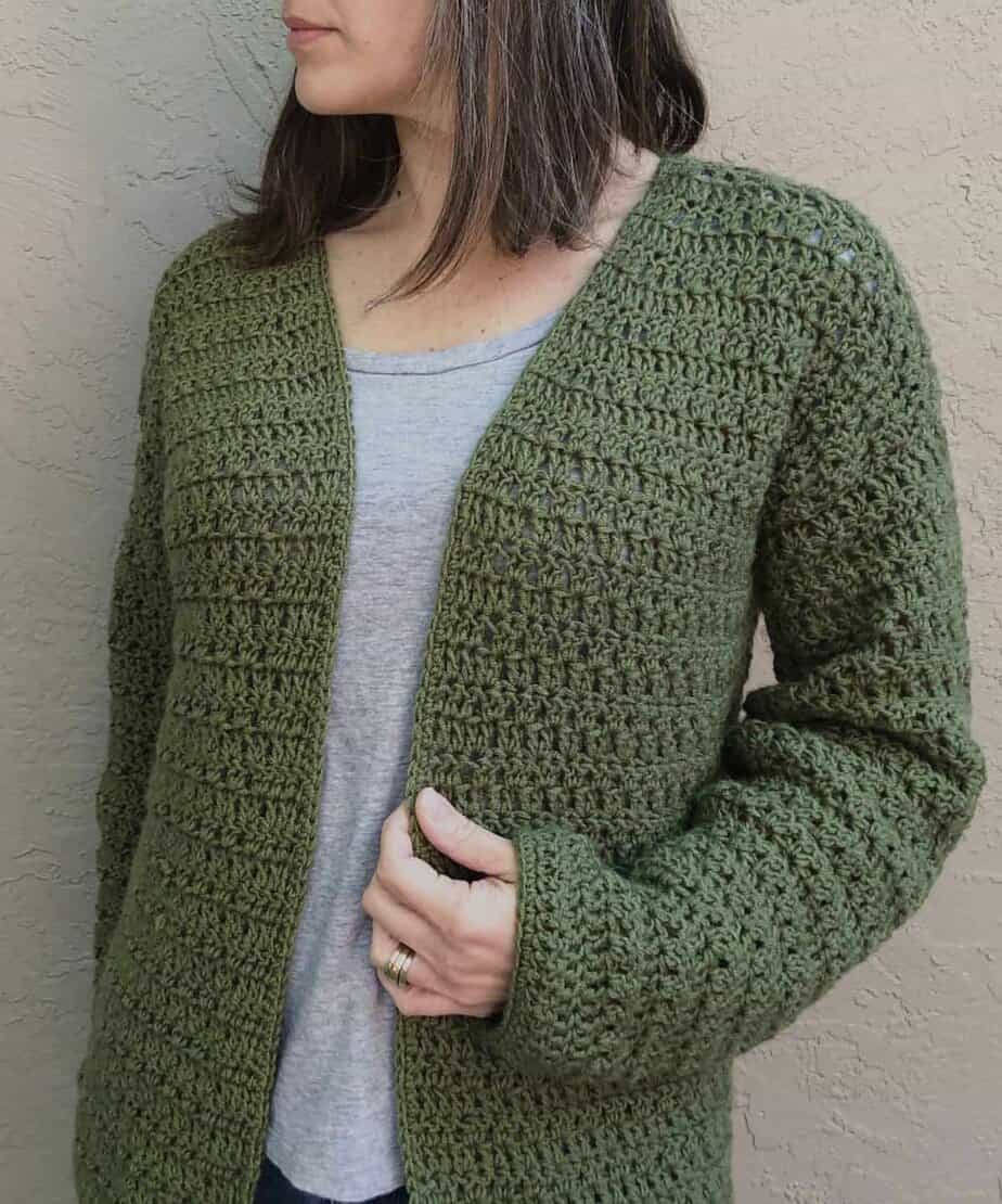 Picture of woman in green crochet cardigan