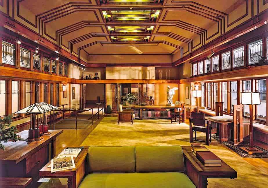Living room of the Francis W. Little House, designed by Frank Lloyd Wright.