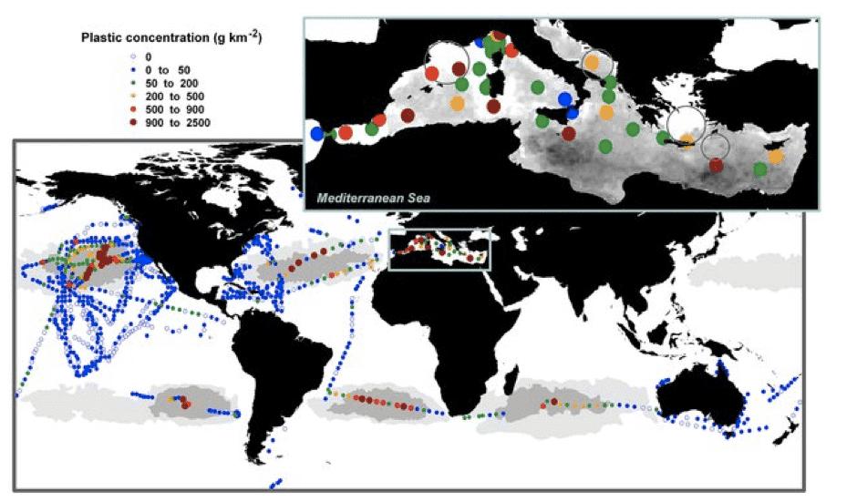 Figure 2: Track-mapping of plastic litter hotspots in global oceans. Taken from ESA (2018)
