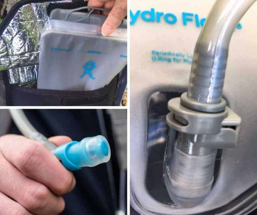 a collage of photos showing close-ups of the Hydro Flask Journey insulated hydration bladder.