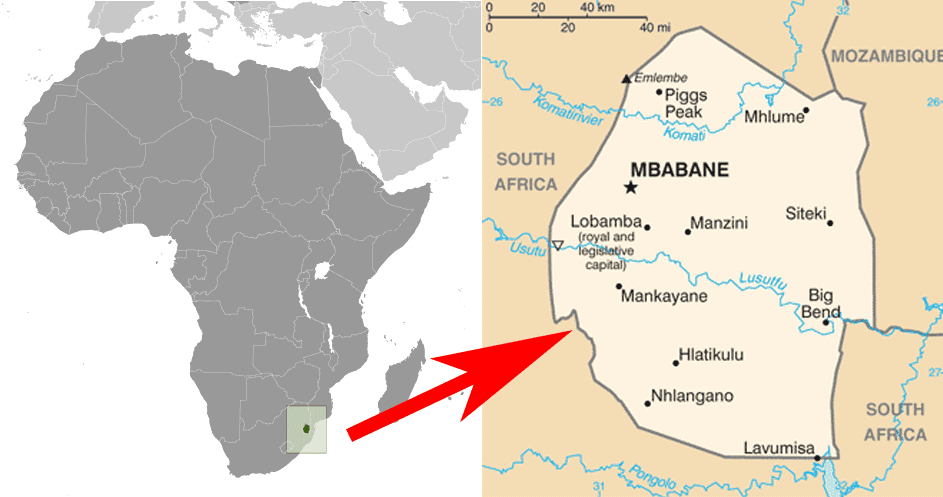 Map and locator map of eSwatini, formerly known as Swaziland. Maps: CIA World Factbook.