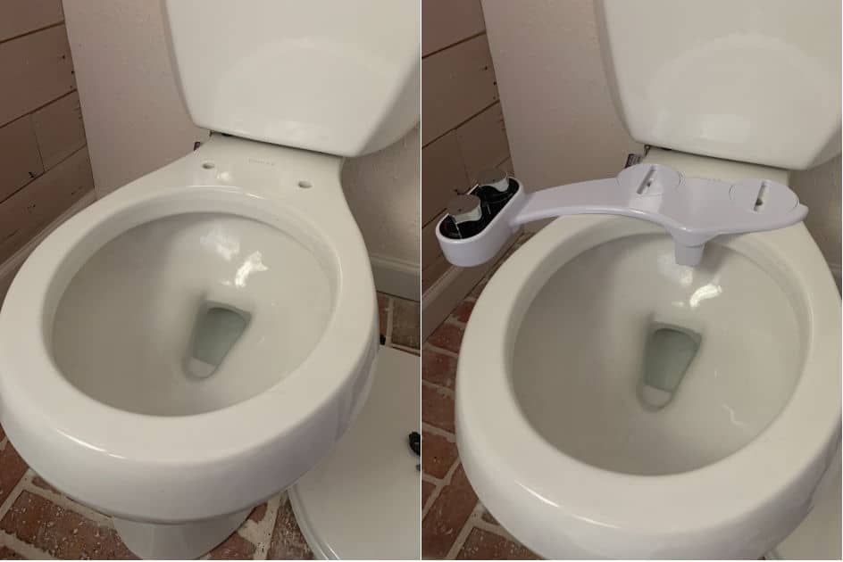 Toilet with the seat off and bidet attachment on bowl
