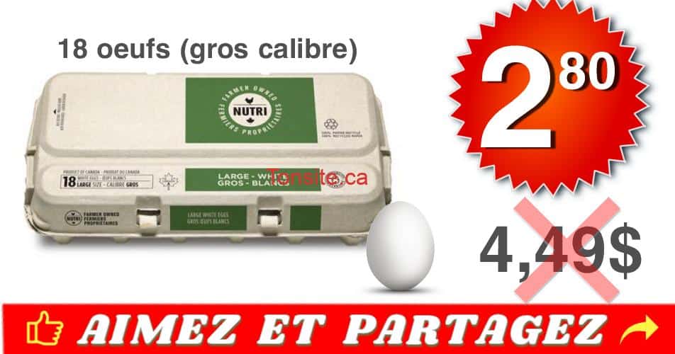 Emballage de 18 oeufs blancs (Gros Calibre) à 2,80$ au lieu de 4,49$ oeufs 18 280 449 - Emballage de 18 oeufs blancs (Gros Calibre) à 2,80$ au lieu de 4,49$
