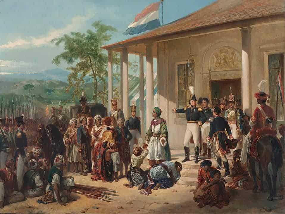 The Dutch flag flies on Java in this painting by Nicolaas Pieneman, which depicts the 1830 arrest of Javanese rebel Diepo Negoro at the hands of the Dutch, ending the five-year Java War.