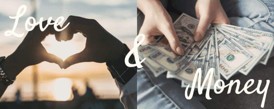 Love and Money, couple holding hands in the shape of a heart and another holding $100 dollar bills
