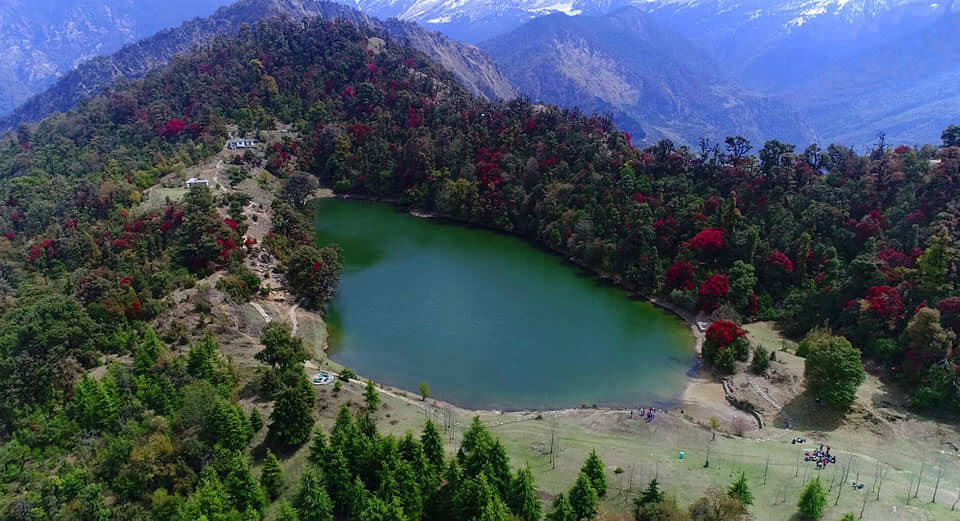 photo of Deoriatal, Chopta in spring season, Aerial view of Deoriatal,