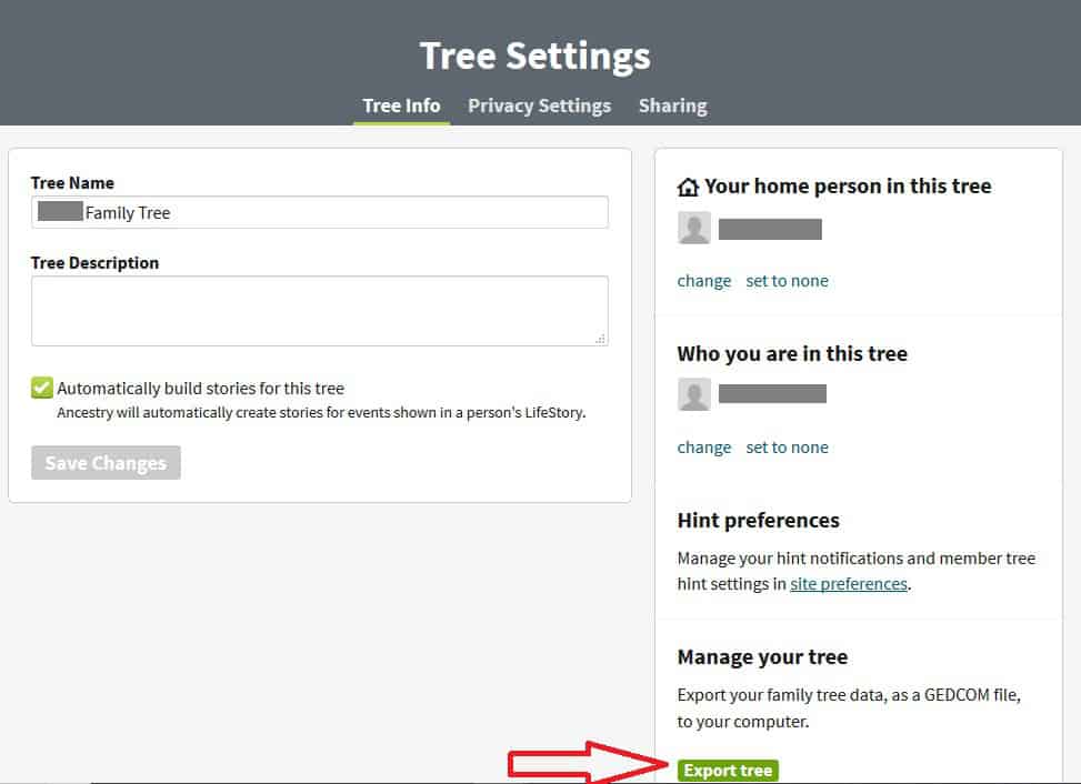 In this image, you can find exactly where to click on Ancestry to download your family tree. The green button is located in the bottom right hand side of the screen