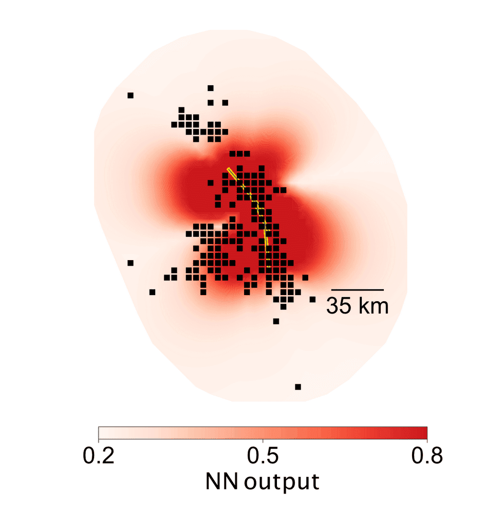 Visualization of AI aftershock predictions for the Landers earthquake. Dark red colors indicate regions predicted to experience aftershocks. The black dots are the locations of observed aftershocks, and the yellow line shows the faults that ruptured during the mainshock. From: DeVries, 2018, Google AI Blog.