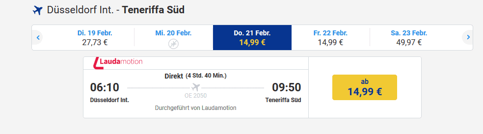 Screenshot Deal Teneriffa im Februar - Flüge ab 14,99€ bei Laudamotion buchen Screenshot Deal Teneriffa im Februar - Flüge ab 14,99€ bei Laudamotion buchen