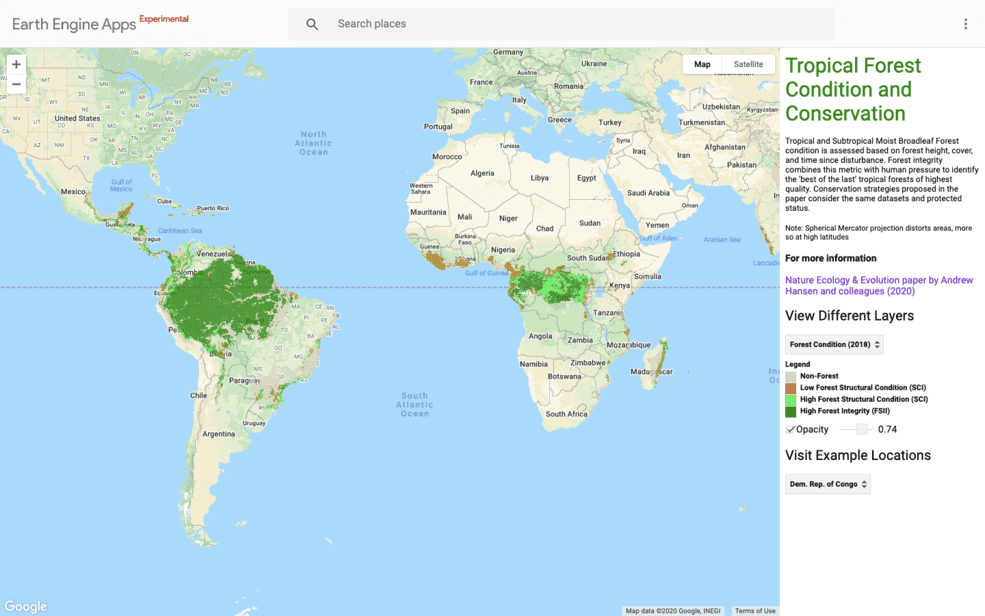 Researchers have mapped out the ecological quality of tropical forests using satellite data. Screenshot showing the data displayed in Earth Engine: Tropical Forest Condition and Conservation