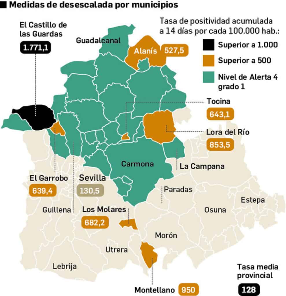 Lora del Río entre los siete municipios que seguirán cerrados por superar la tasa de 500 1 mapaprovinciasevilla040321