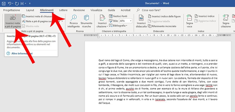 Inserire note a piè di pagina in Word