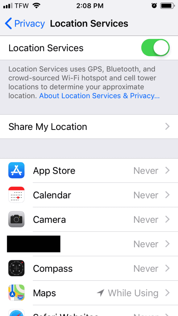 iOS Settings Privacy Location Services