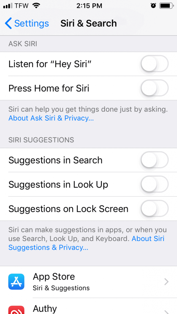 iOS Settings Siri & Search