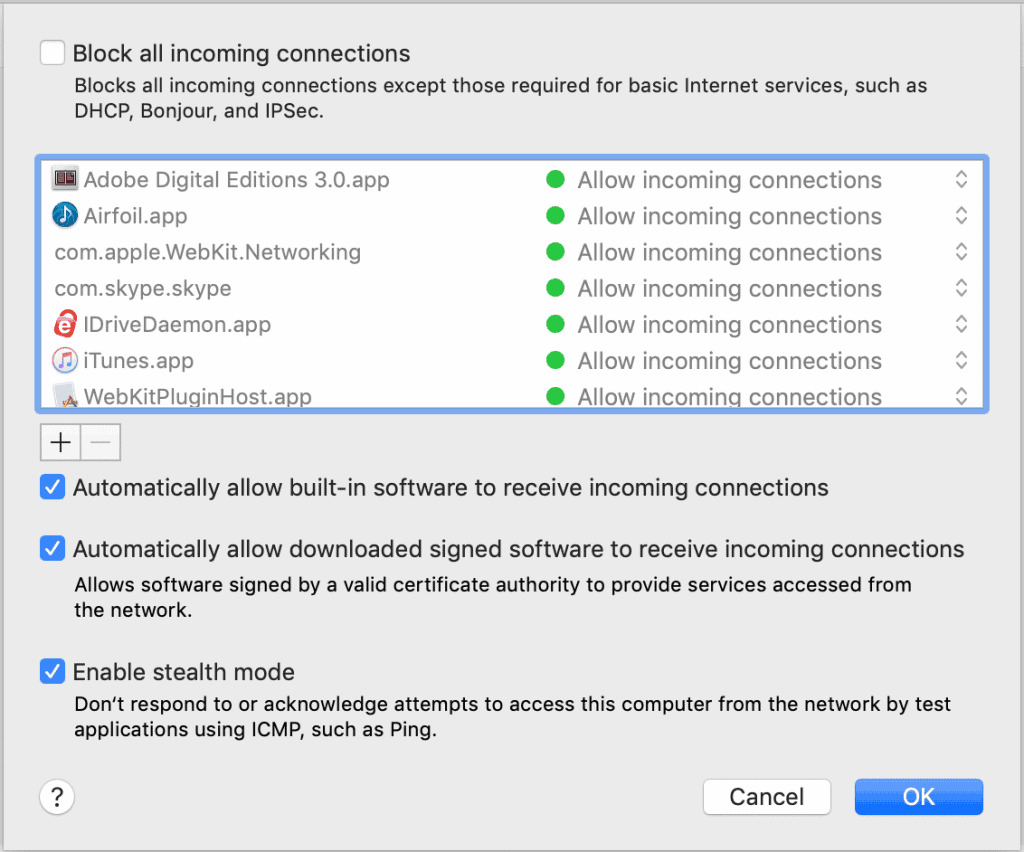 macOS Settings Security & Privacy Firewall Options